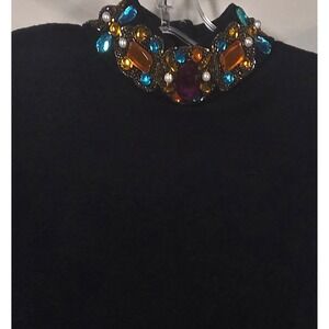 Vintage Jewel Embellished Neck Black Long Sleeve Sweater Keyhole Dress Cocktail